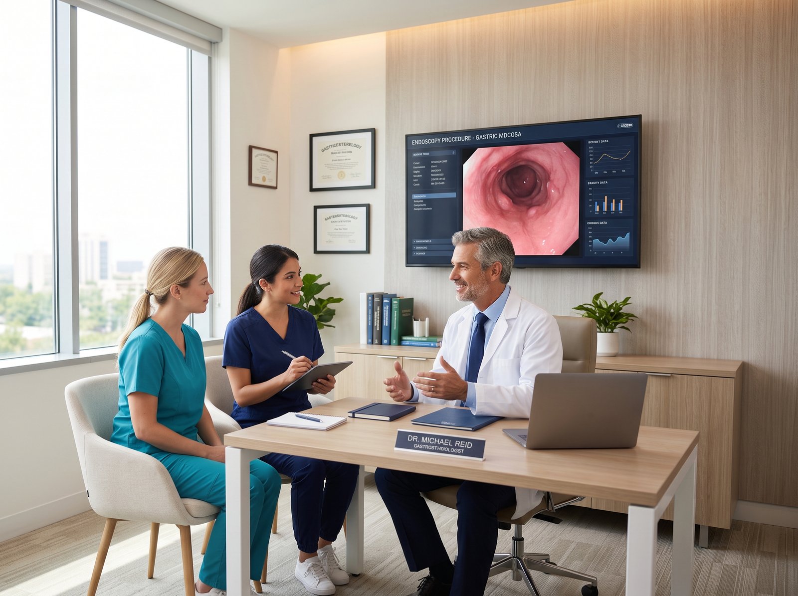 Gastroenterology physician meeting with two medical staff members in a modern office